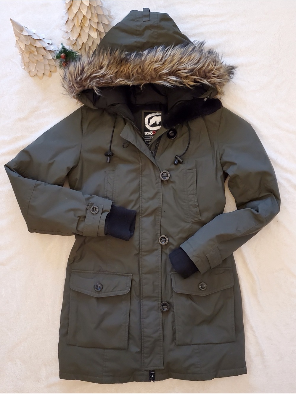 Ecko Olive Faux-Fur Hooded Ski Parka Jacket for Women